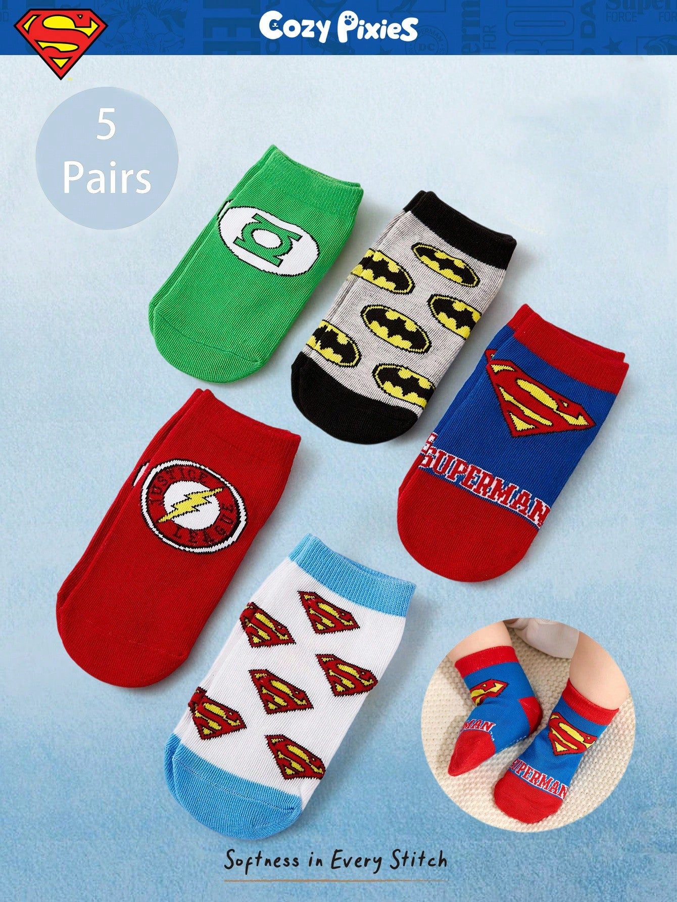 Cozy Pixies SUPERMAN X Cozy Pixies 5 Pairs Soft & Comfortable Baby Socks Multicolor