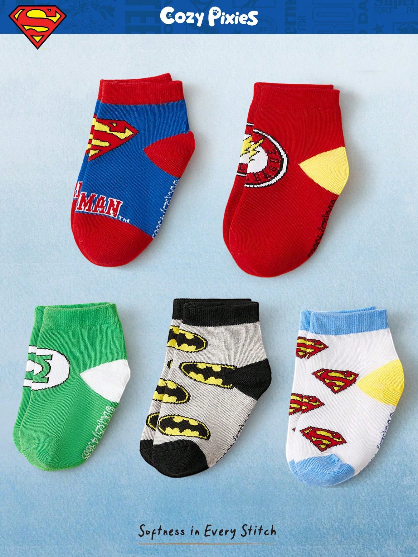 Cozy Pixies SUPERMAN X Cozy Pixies 5 Pairs Soft & Comfortable Baby Socks