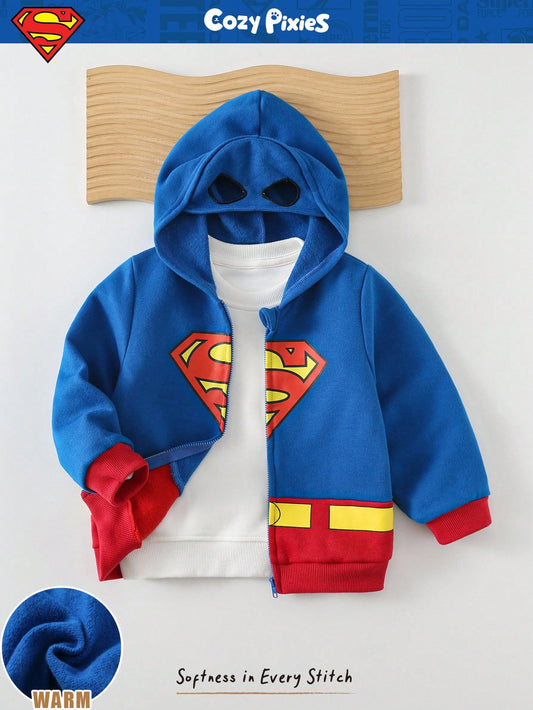 Cozy Pixies Young Boy Superhero Pattern Hooded Long Sleeve Jacket Multicolor