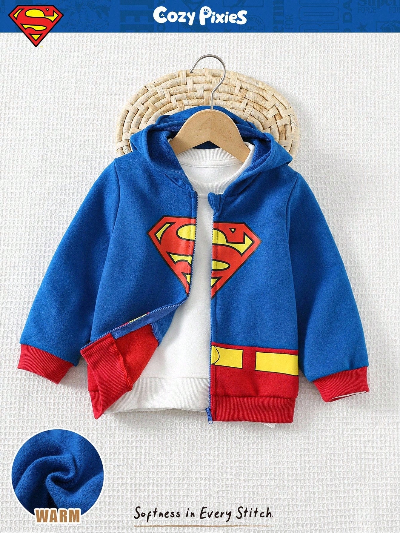 Cozy Pixies Young Boy Superhero Pattern Hooded Long Sleeve Jacket