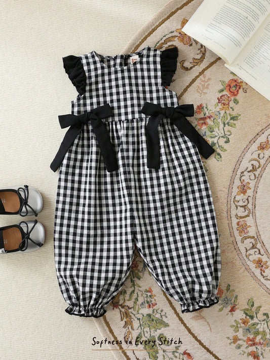 Plaid Round Neck Ruffle Trim Butterfly Decor Waist Tie Jumpsuit With Leg Cuffs