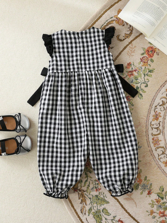 Plaid Round Neck Ruffle Trim Butterfly Decor Waist Tie Jumpsuit With Leg Cuffs