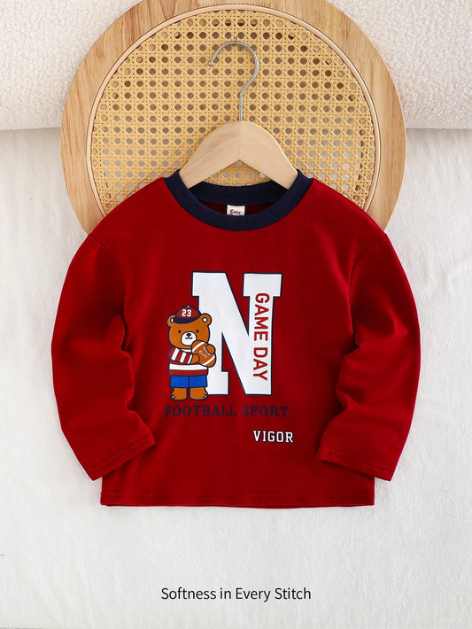 Young Boy Colorblock Letter Graphic Soft Knit Crew Neck Long Sleeve Pullover Top-S 5Y