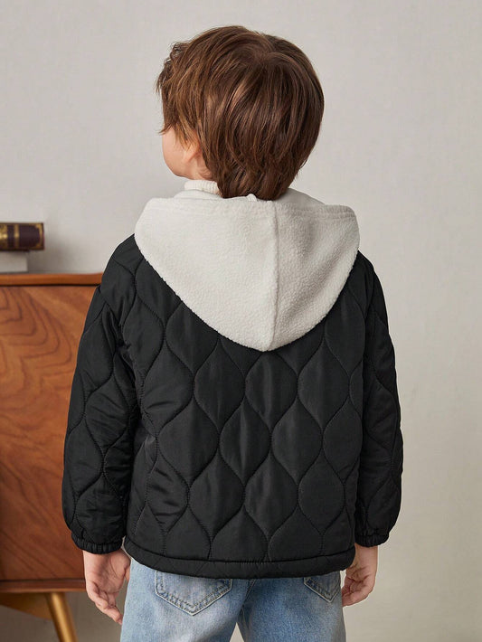 Youth Boy Casual Versatile Letter Graphic Contrast Color Hooded Thick Jacket
