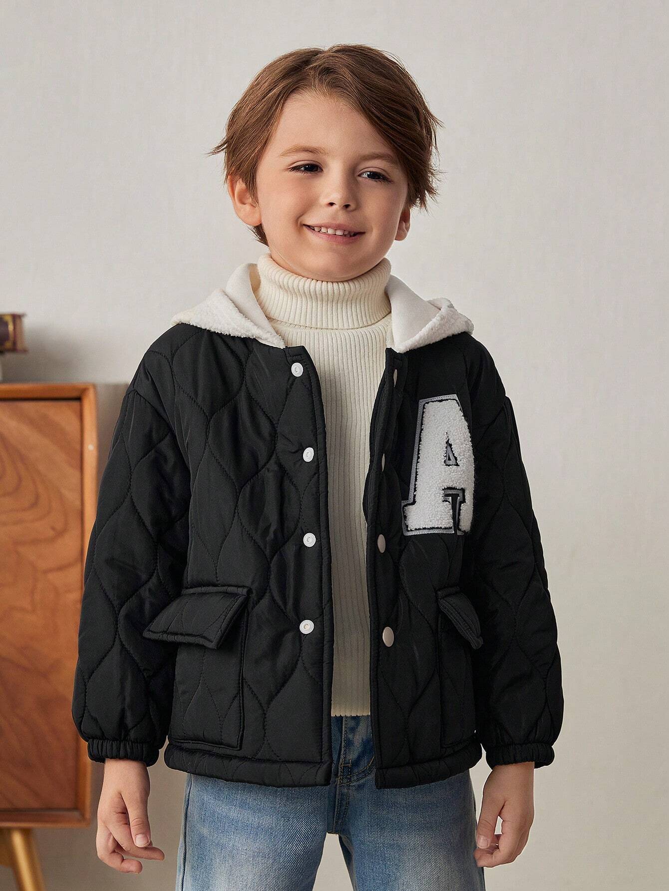 Youth Boy Casual Versatile Letter Graphic Contrast Color Hooded Thick Jacket Multicolor