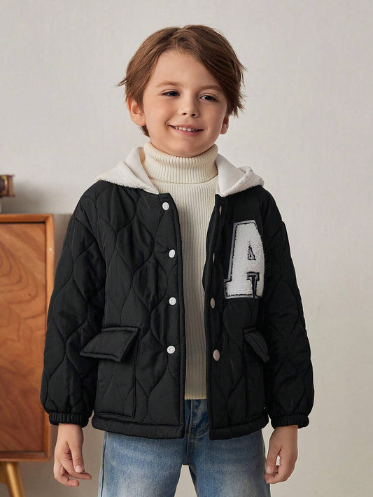 Youth Boy Casual Versatile Letter Graphic Contrast Color Hooded Thick Jacket Multicolor