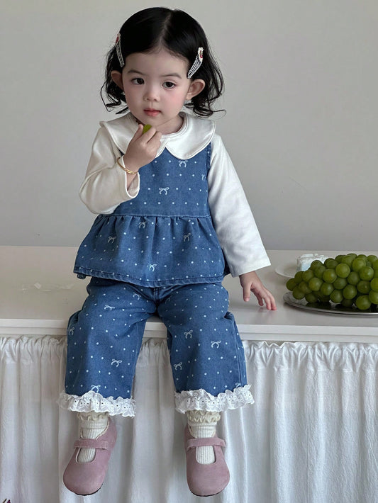 2pcs Baby Girls' Casual Butterfly Print Denim Set Blue
