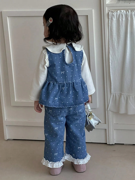 2pcs Baby Girls' Casual Butterfly Print Denim Set