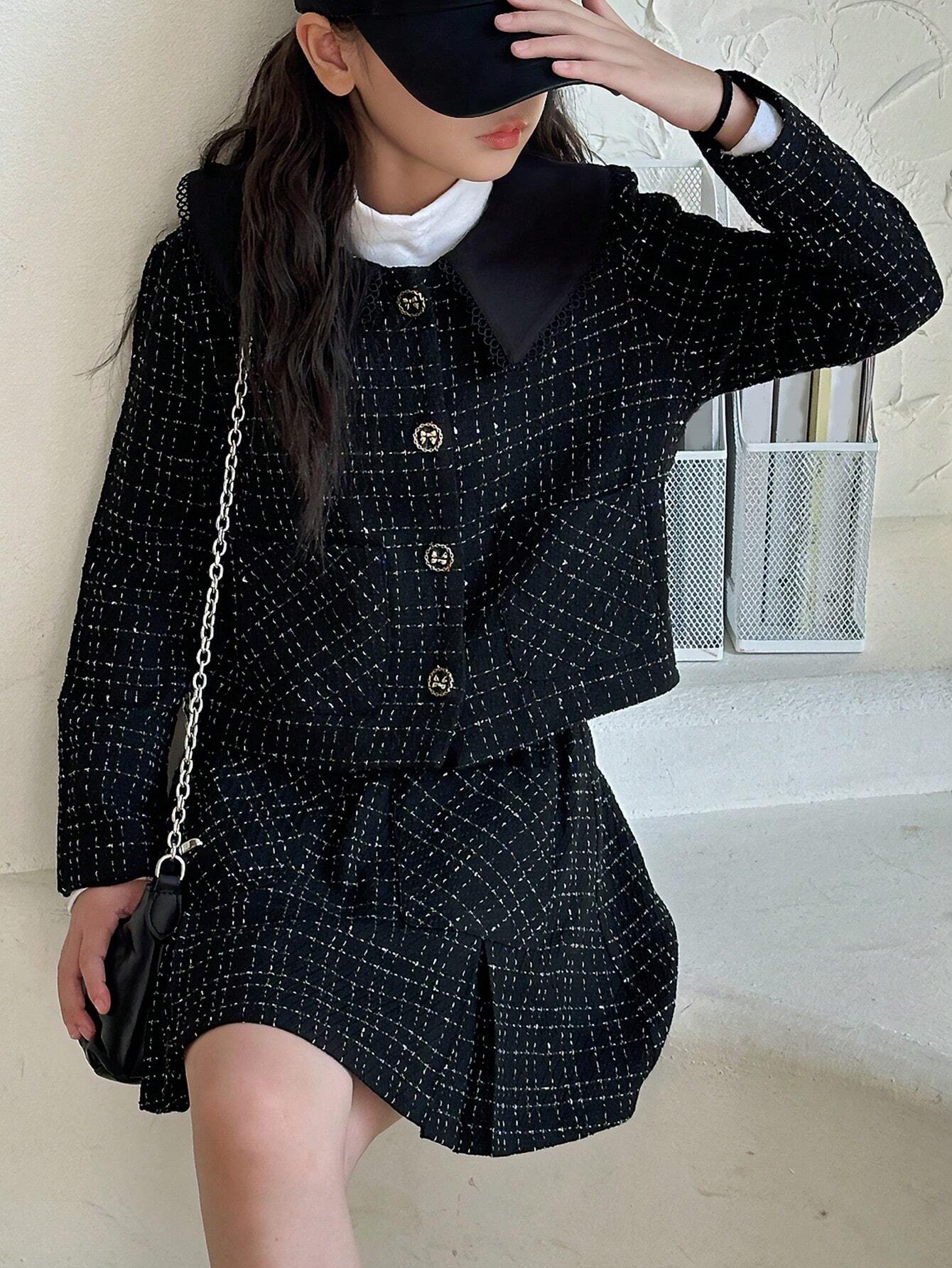 Tween Girl Plaid Striped Stylish Dress Set Black