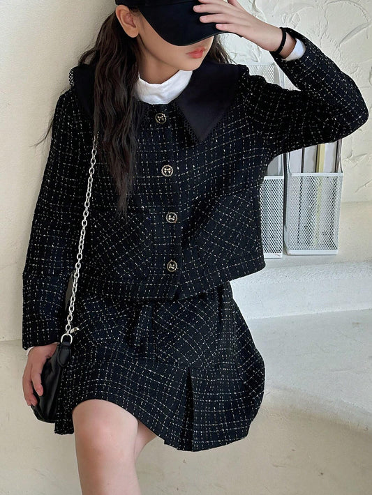 Tween Girl Plaid Striped Stylish Dress Set Black