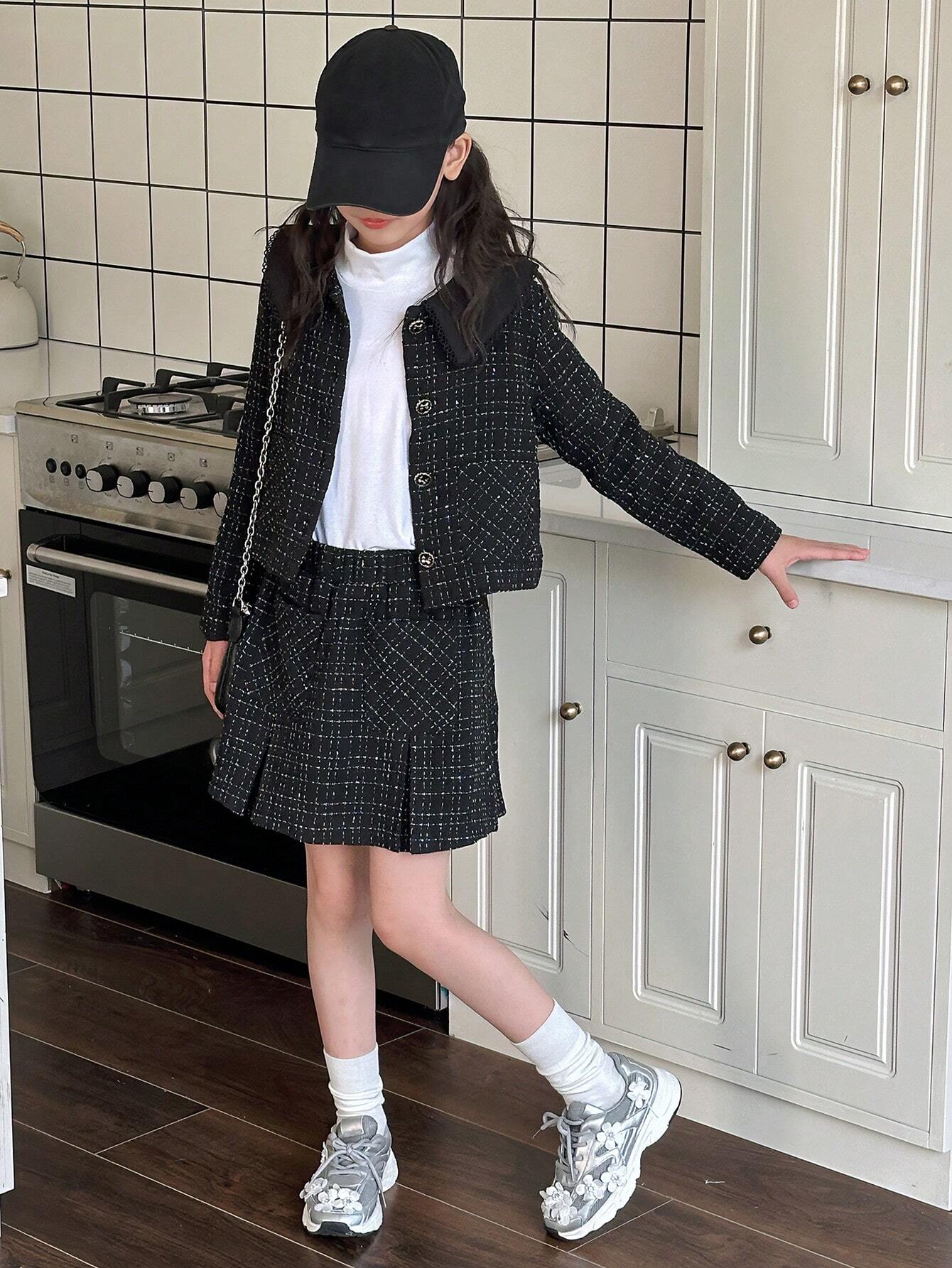 Tween Girl Plaid Striped Stylish Dress Set