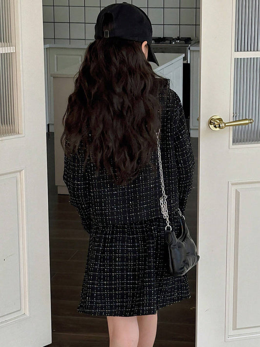 Tween Girl Plaid Striped Stylish Dress Set