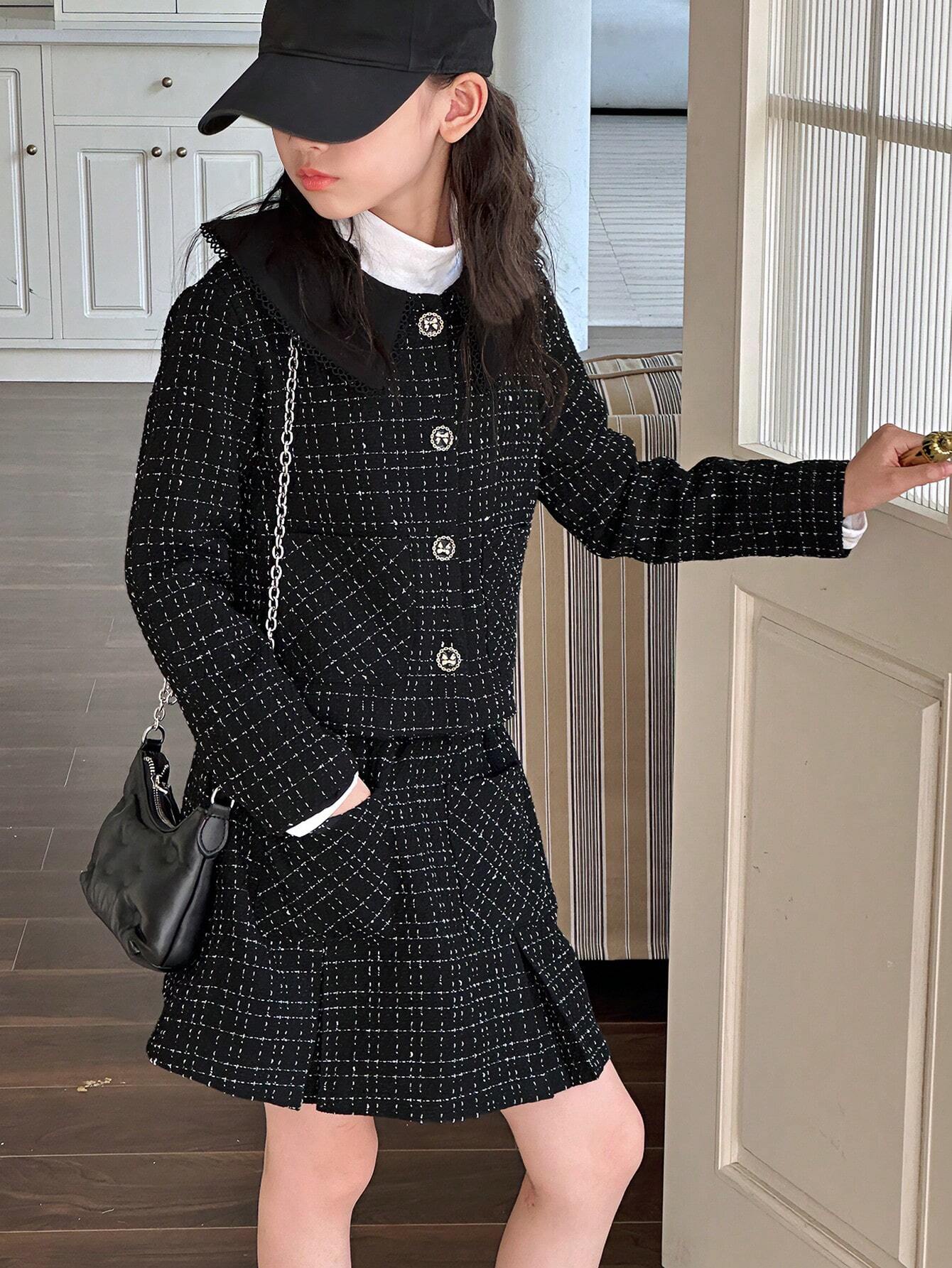 Tween Girl Plaid Striped Stylish Dress Set