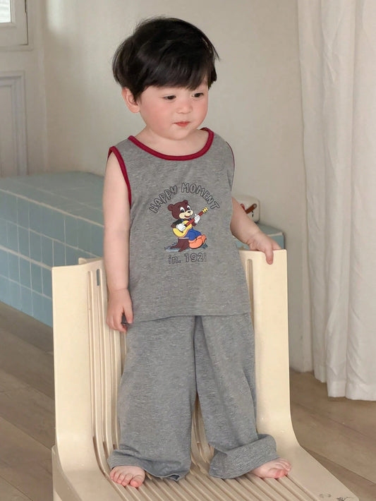 Baby Boys' Cartoon Print And Pants 2 Pieces Pajama Set