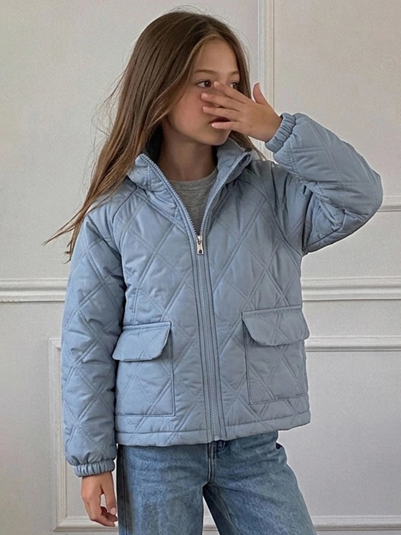 Big Tween Girl' Loose Blue Quilted Cotton Padded Coat