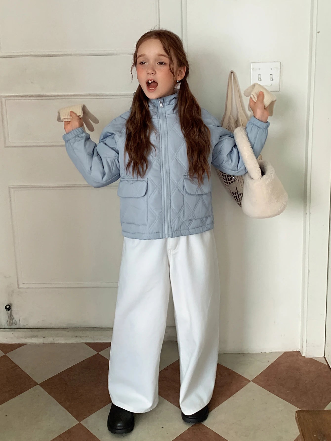 Big Tween Girl' Loose Blue Quilted Cotton Padded Coat