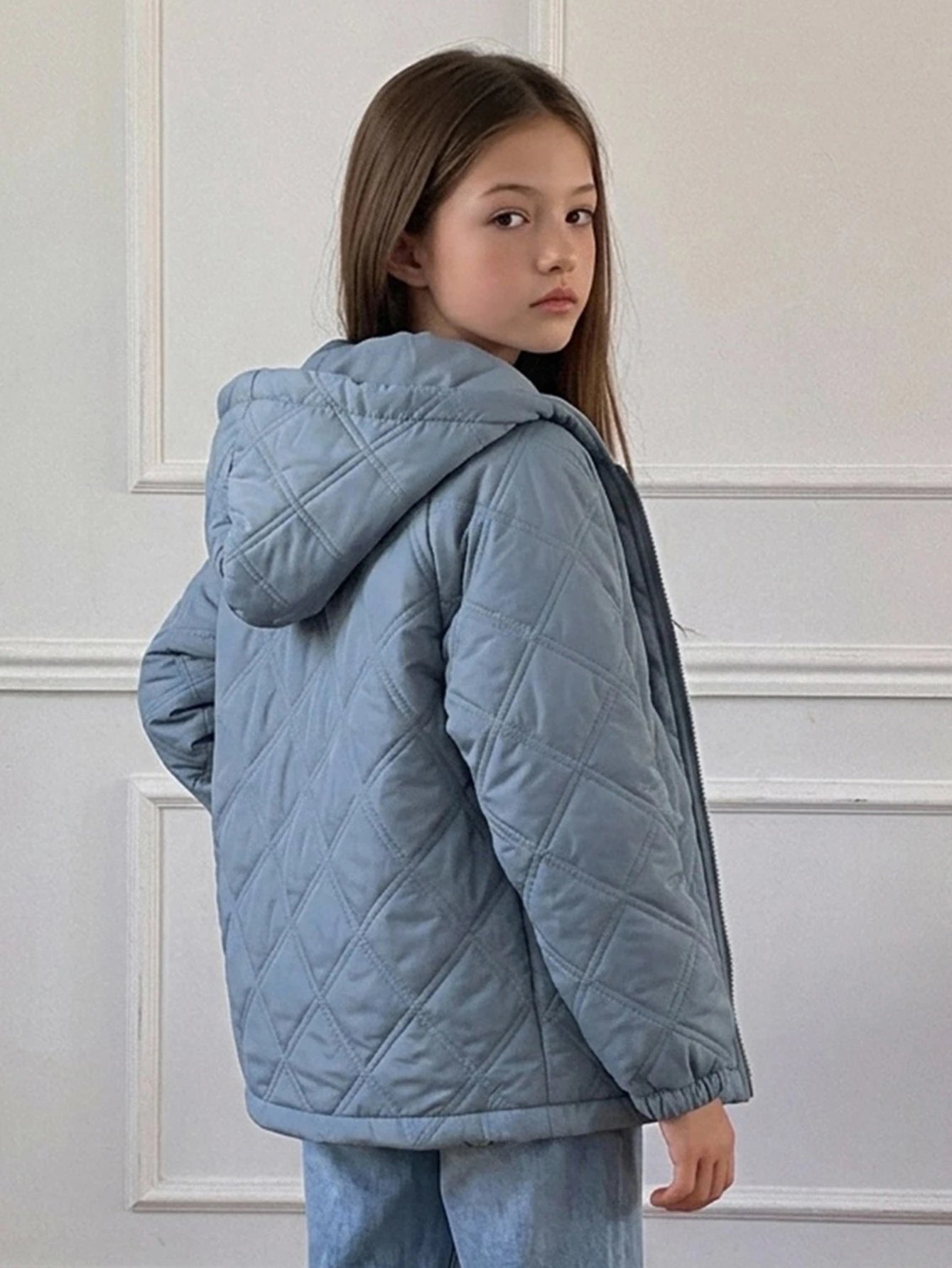 Big Tween Girl' Loose Blue Quilted Cotton Padded Coat