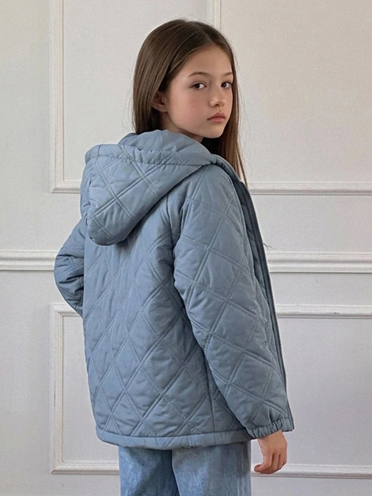 Big Tween Girl' Loose Blue Quilted Cotton Padded Coat