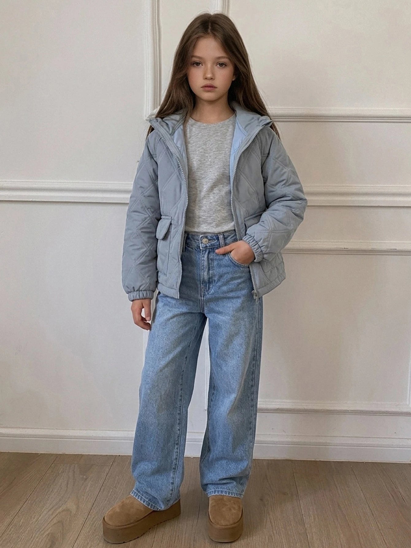 Big Tween Girl' Loose Blue Quilted Cotton Padded Coat