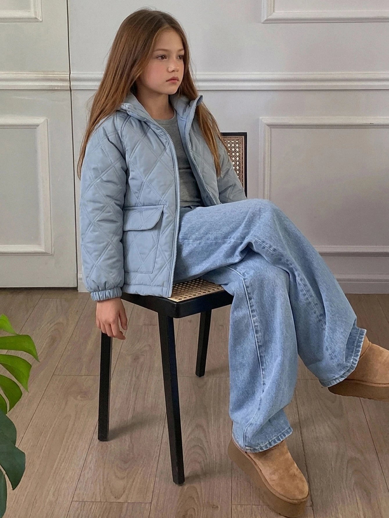 Big Tween Girl' Loose Blue Quilted Cotton Padded Coat