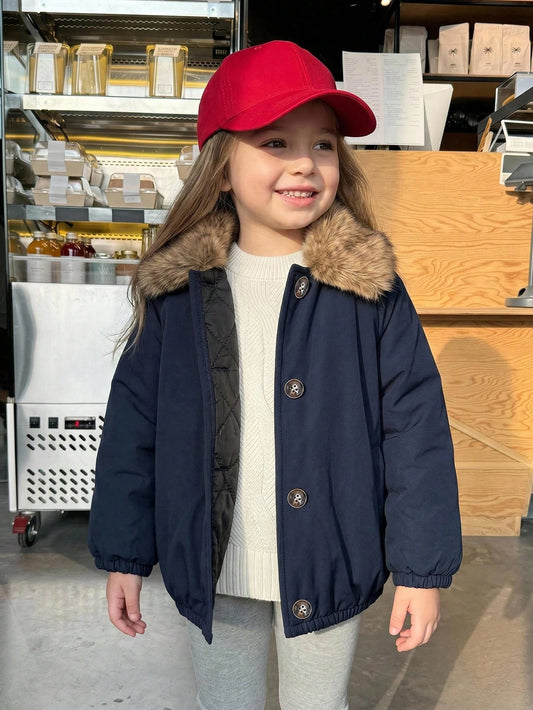 Girls' Thick Autumn/Winter Long Sleeve Color block Lapel Padded Coat