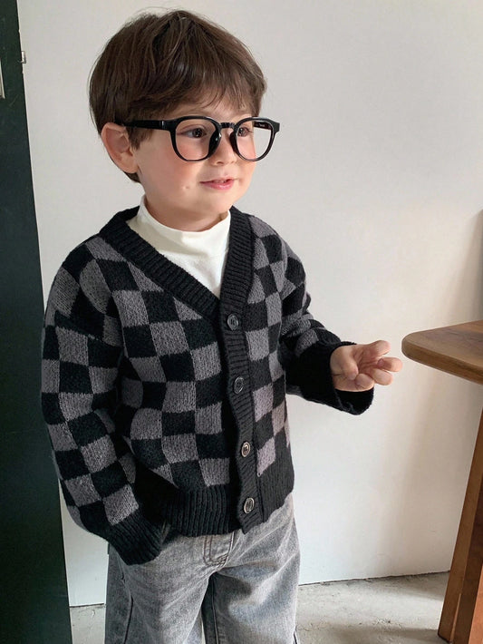 Toddler Boys' Checkered Color Block Casual Cardigan-S 2-3Y