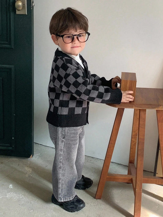Toddler Boys' Checkered Color Block Casual Cardigan-S
