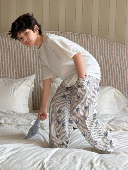 Tween Boy Solid Color Short Sleeve T-Shirt And Striped Star Print Pants Pajama Set