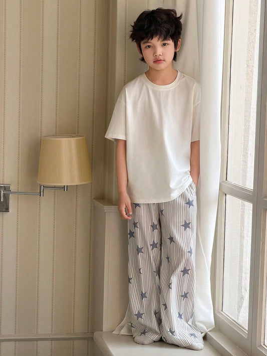 Tween Boy Solid Color T-Shirt And Striped Star Print Pants Pajama Set