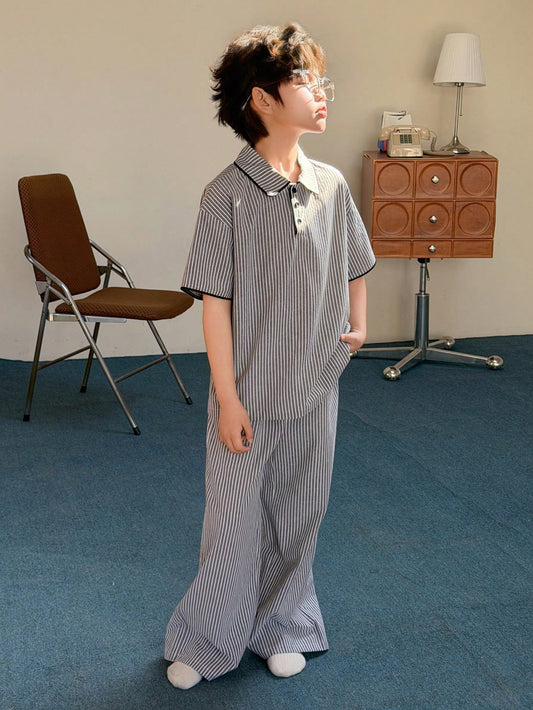 DAZY Tween Boy Striped Short Sleeve Top And Pants Pajama Set