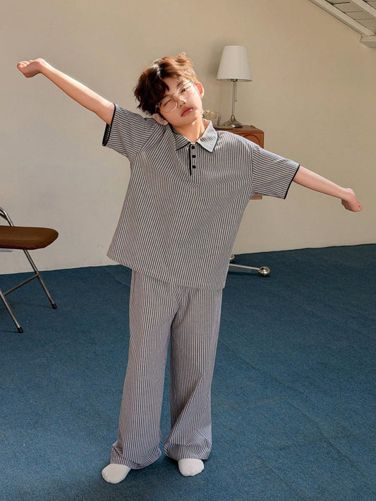 DAZY Tween Boy Striped Short Sleeve Top And Pants Pajama Set