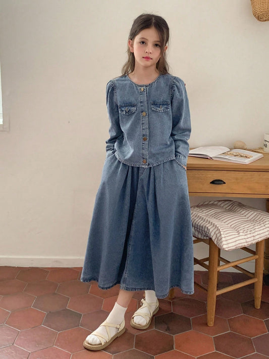 DAZY Tween Girl Solid Color Round Neck Puff Sleeve Long Sleeve Single-Breasted Denim Suit Blue