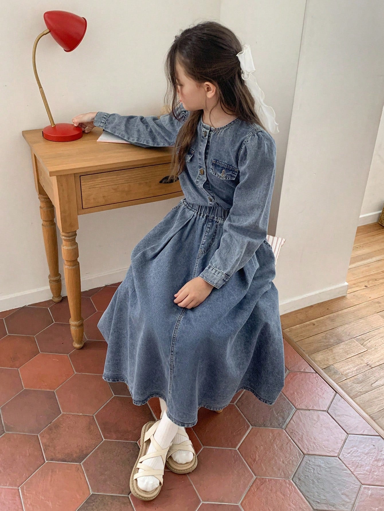 DAZY Tween Girl Solid Color Round Neck Puff Sleeve Long Sleeve Single-Breasted Denim Suit