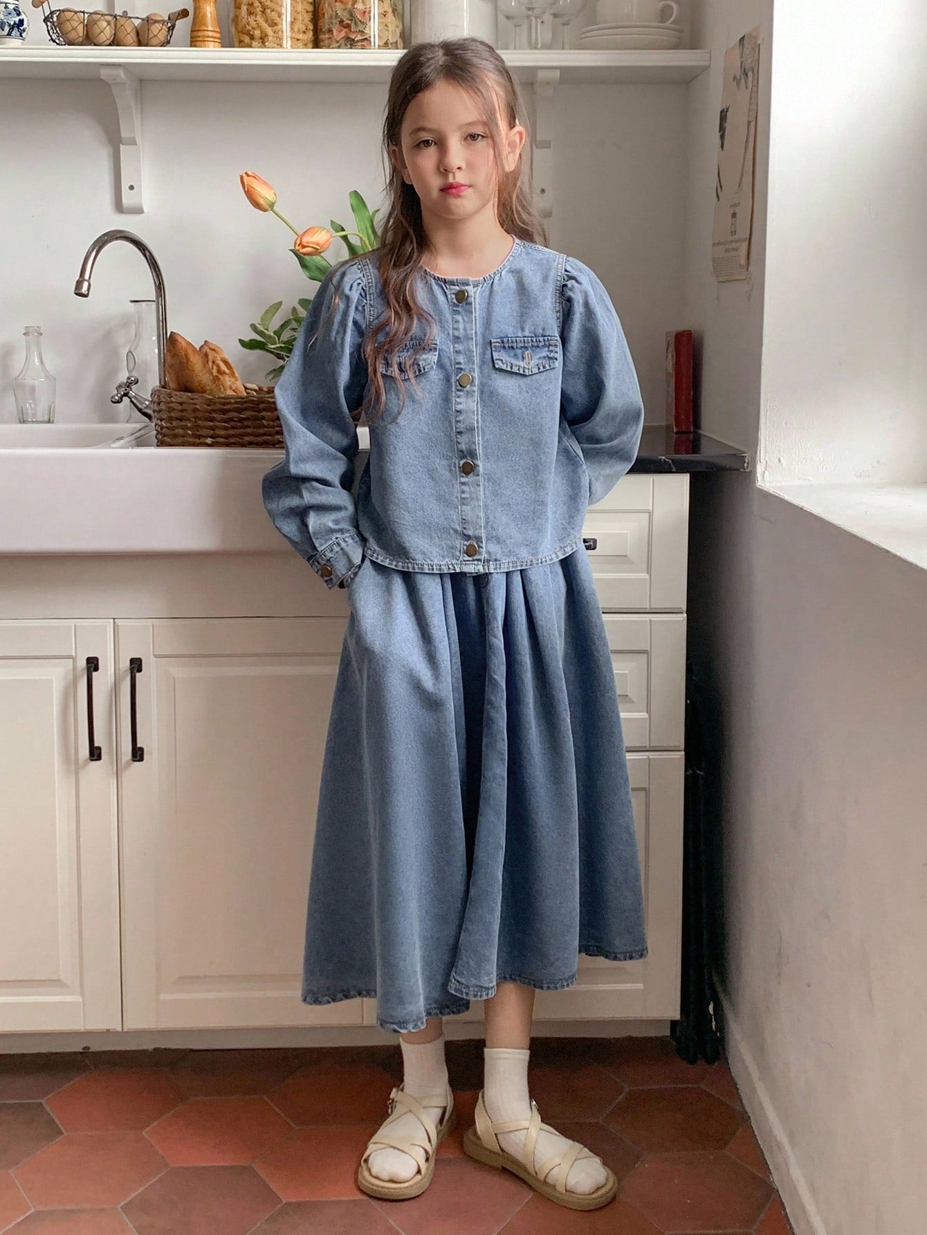 DAZY Tween Girl Solid Color Round Neck Puff Sleeve Long Sleeve Single-Breasted Denim Suit