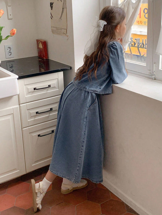 DAZY Tween Girl Solid Color Round Neck Puff Sleeve Long Sleeve Single-Breasted Denim Suit