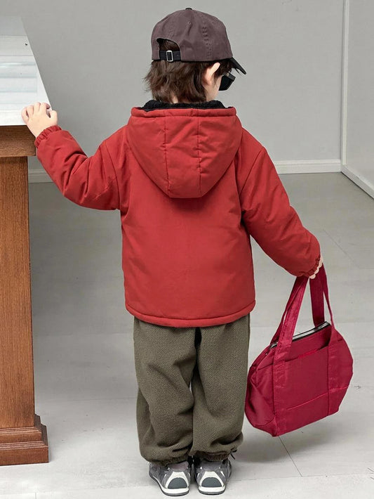 Young Boy Solid Color Long Sleeve Zip-Up Hooded Winter Jacket