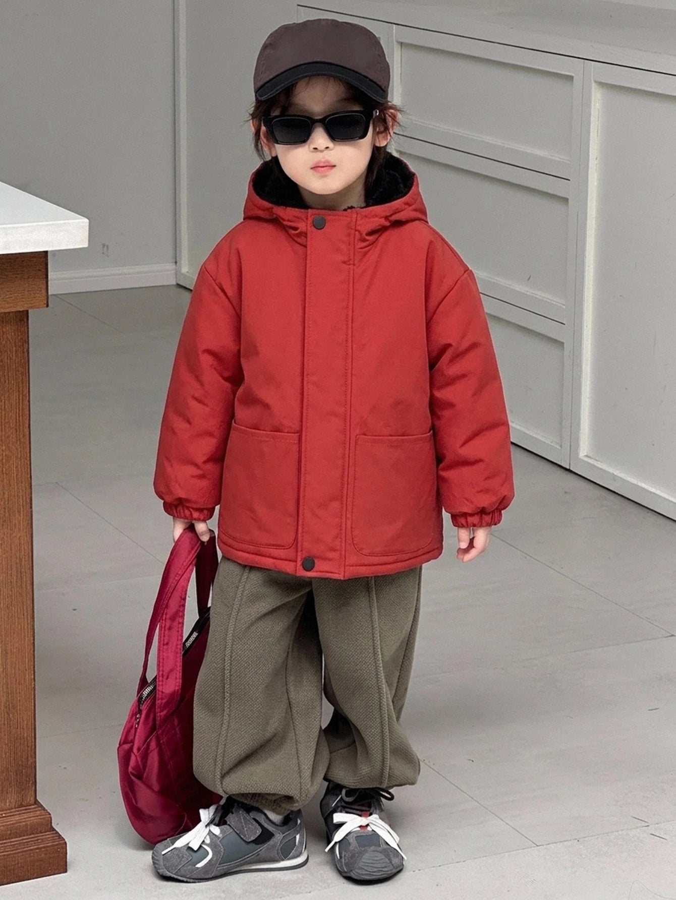 Young Boy Solid Color Long Sleeve Zip-Up Hooded Winter Jacket