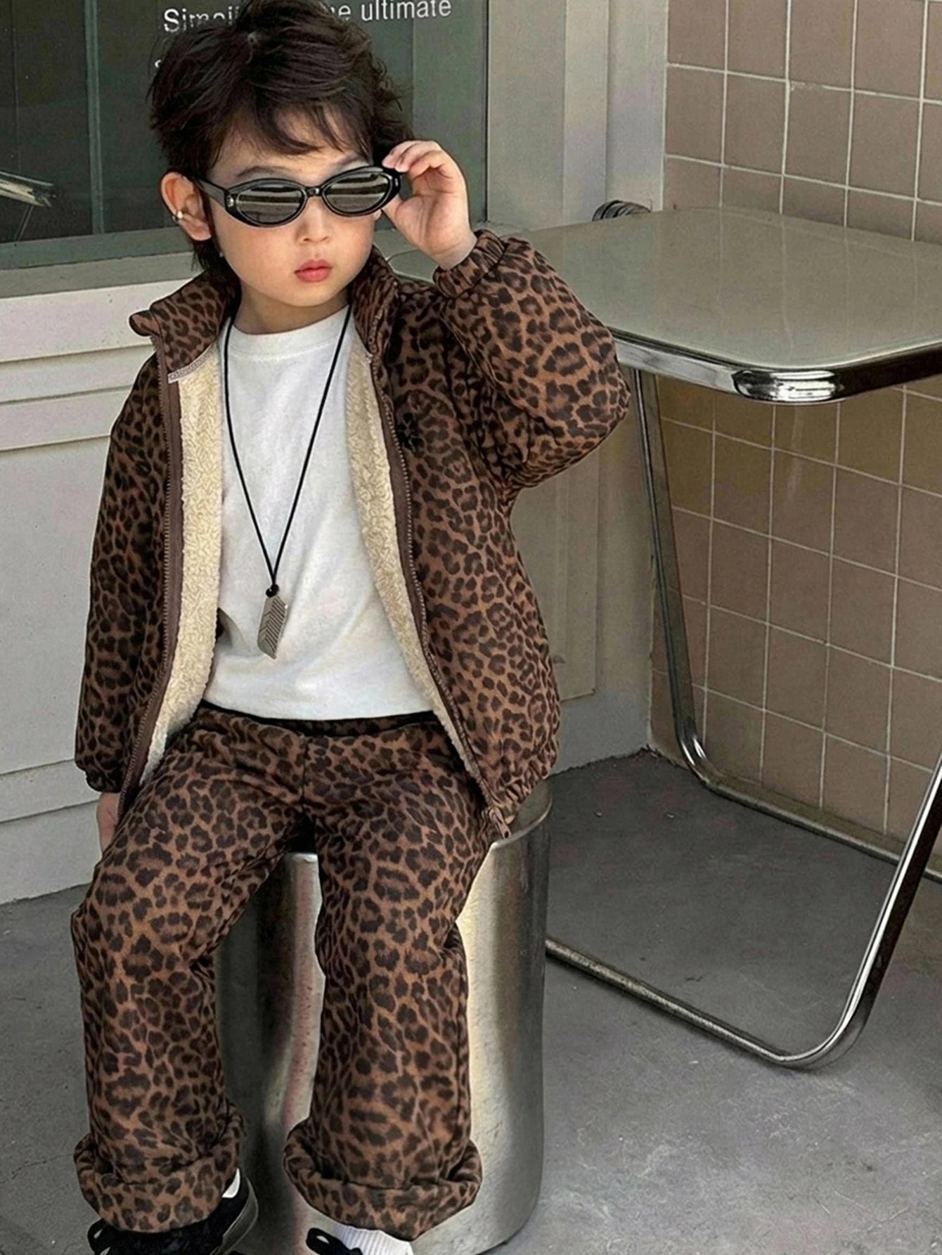 Leopard Print Loose Stand Collar Jacket Top Straight Leg Pants