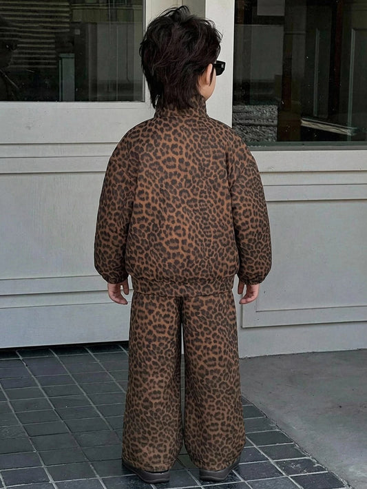 Leopard Print Loose Stand Collar Jacket Top Straight Leg Pants