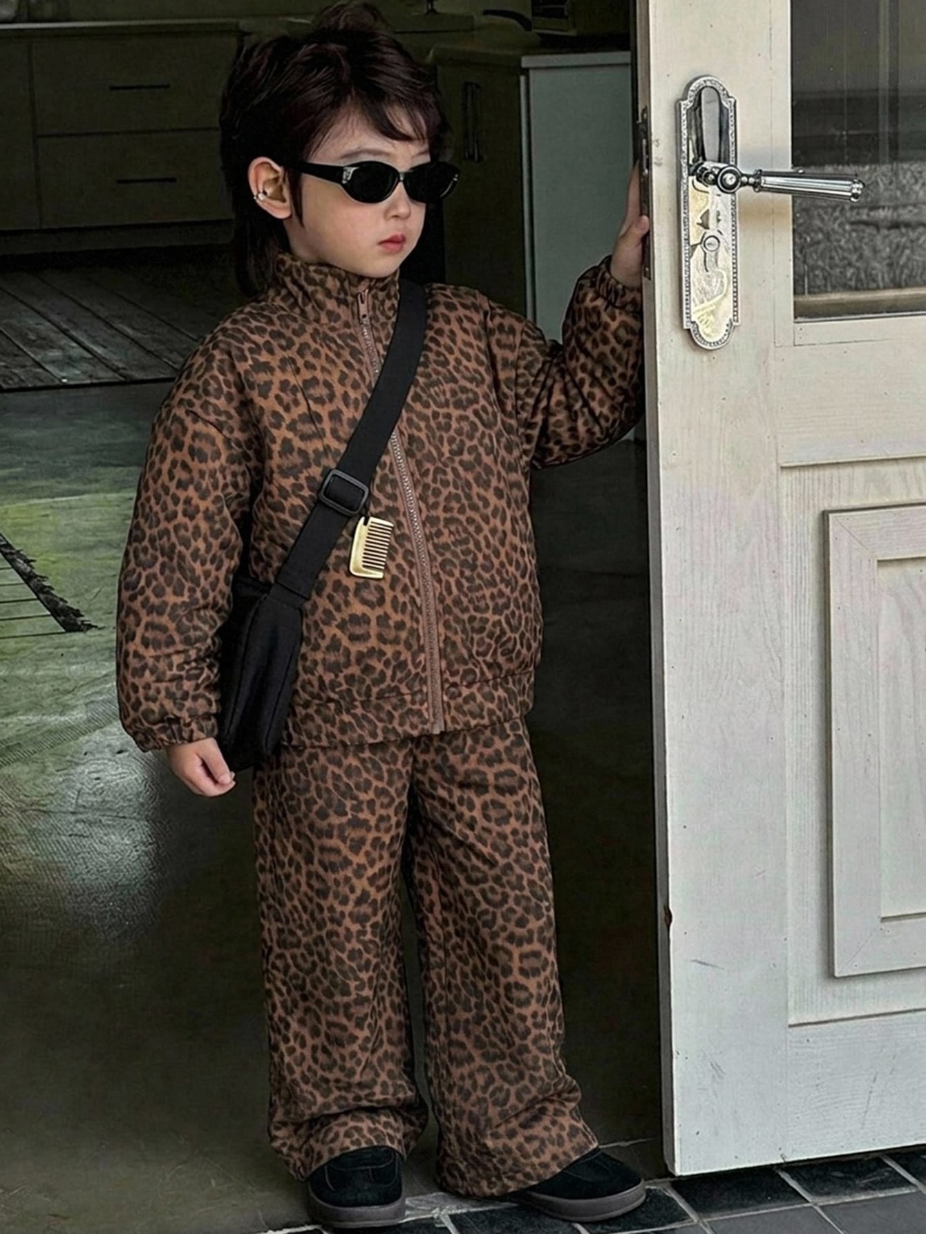 Leopard Print Loose Stand Collar Jacket Top Straight Leg Pants