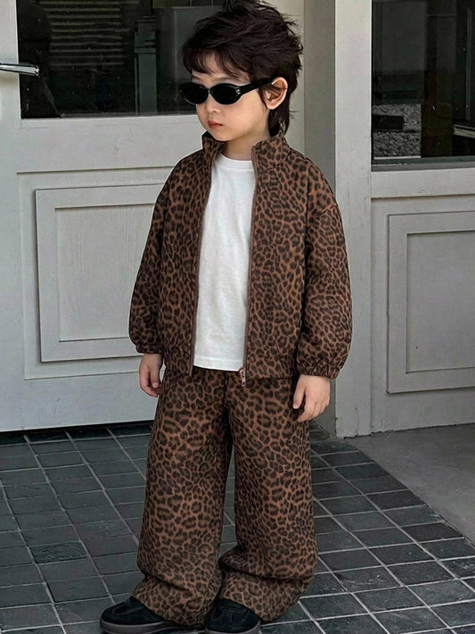 Leopard Print Loose Stand Collar Jacket Top Straight Leg Pants
