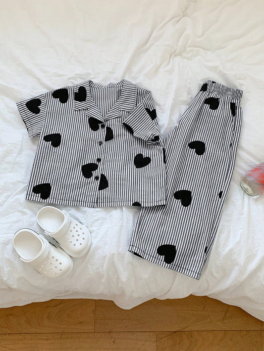 DAZY Young Girls Front Button Short Sleeve Heart Printed Simple Top And Long Pants 6Y