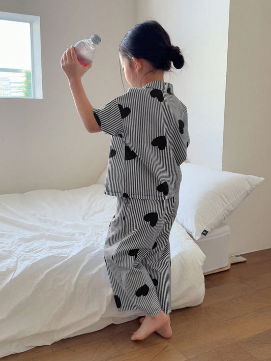 DAZY Young Girls Front Button Short Sleeve Heart Printed Simple Top And Long Pants