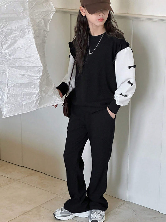 Tween Girls' Colorblock Bow Decor Long Sleeve Top And Pants Black