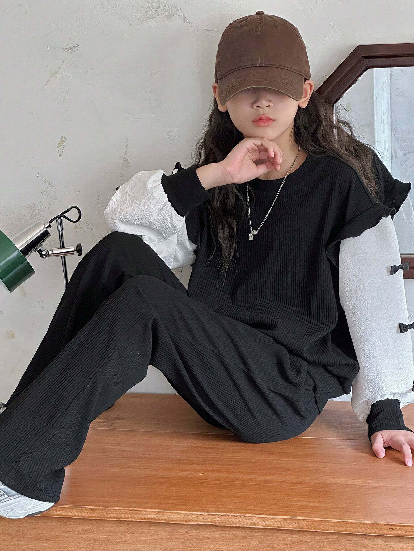 Tween Girls' Colorblock Bow Decor Long Sleeve Top And Pants