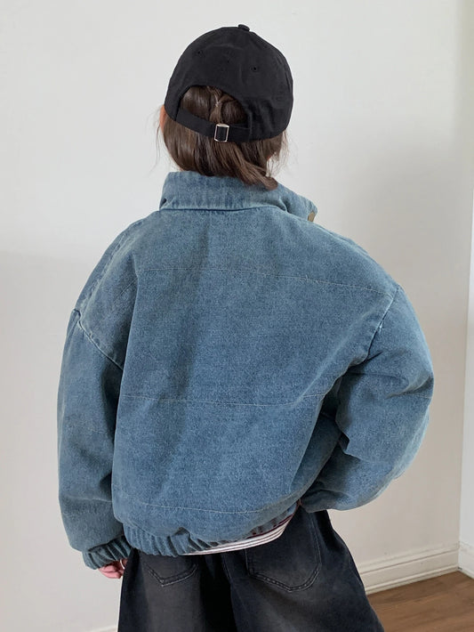 Loose Fit Collared Long Sleeve Thick Denim Jacket Coat