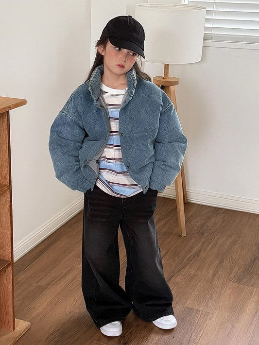 Loose Fit Collared Long Sleeve Thick Denim Jacket Coat