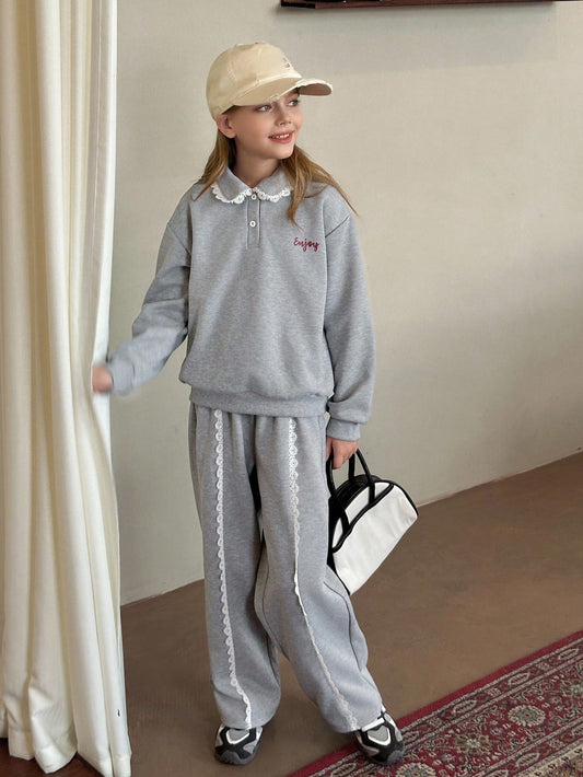 Tween Girl Knitted Thermal Lined Collared Long Sleeve Sweatshirt + Long Fashionable Outfit Grey