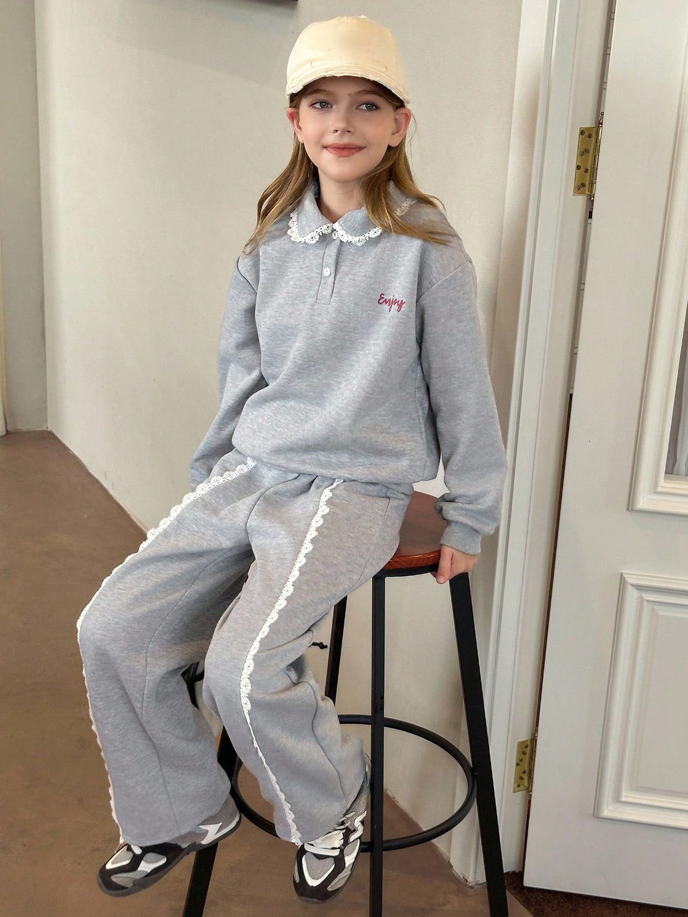 Tween Girl Knitted Thermal Lined Collared Long Sleeve Sweatshirt + Long Fashionable Outfit