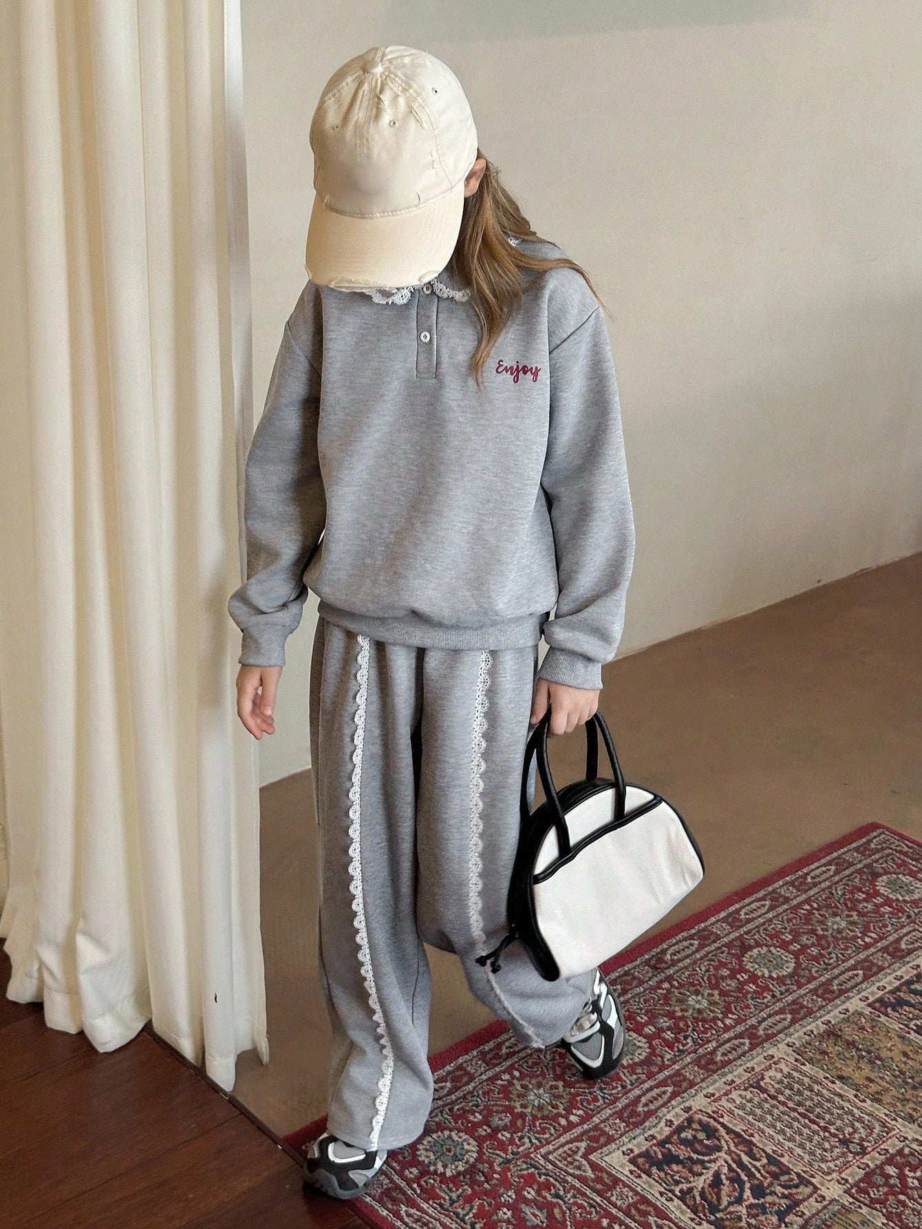 Tween Girl Knitted Thermal Lined Collared Long Sleeve Sweatshirt + Long Fashionable Outfit